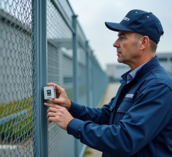 Technicien de sécurité inspectant un capteur sur une clôture