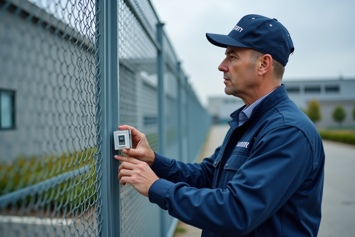 Technicien de sécurité inspectant un capteur sur une clôture