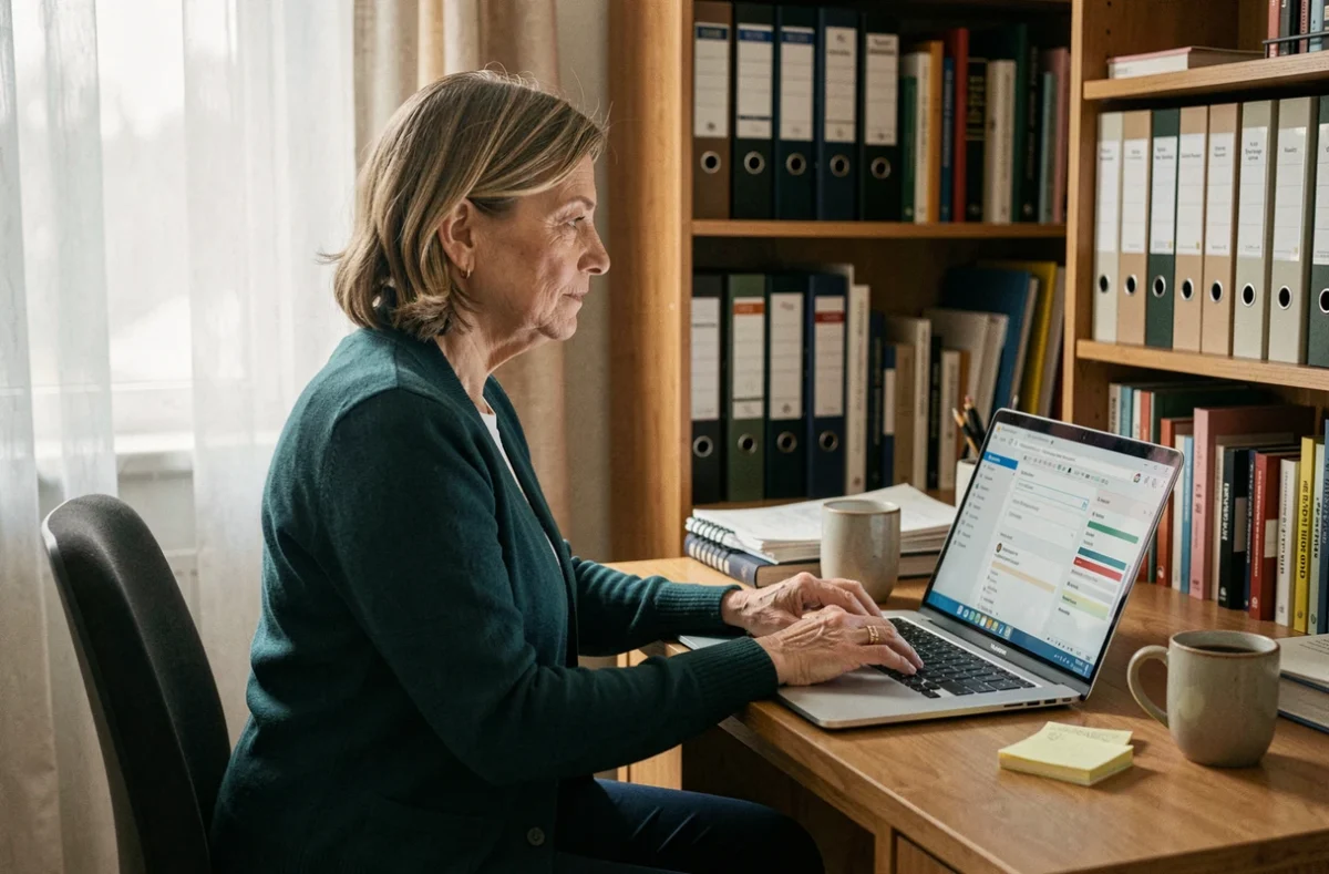 Femme en télétravail accédant à sa messagerie Mél via Melanie2web sur un ordinateur portable à domicile
