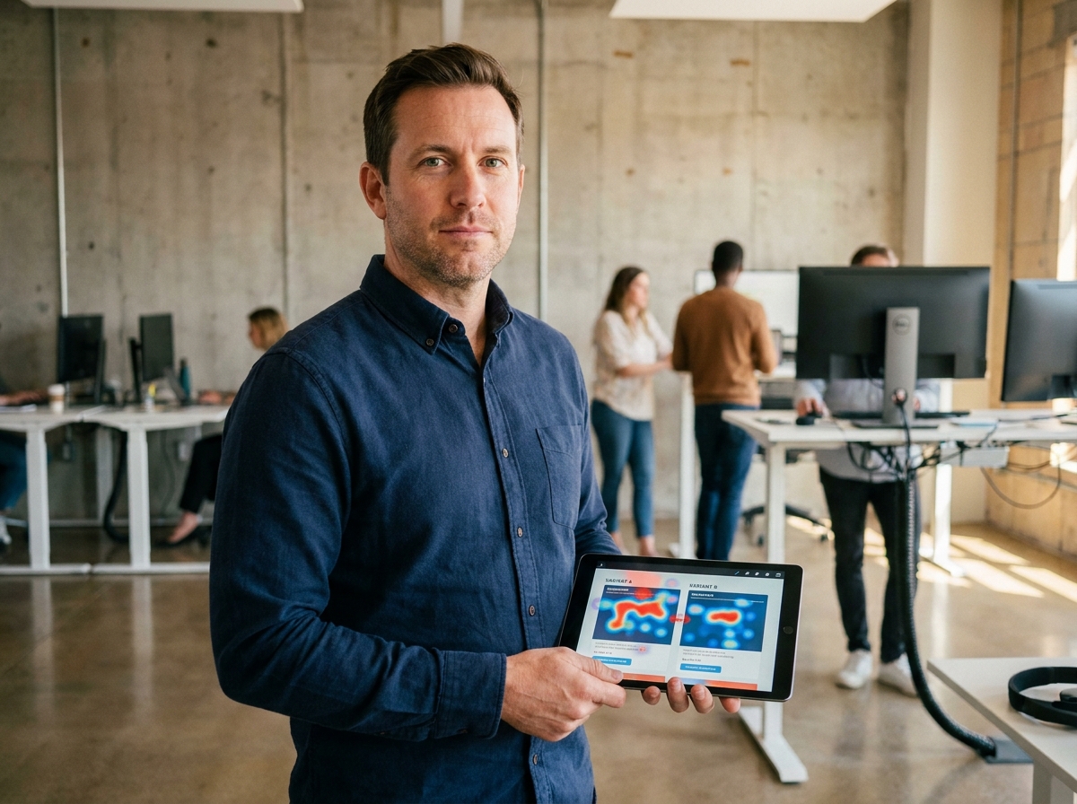 Responsable e-commerce consultant un outil de test A/B sur tablette dans un open space professionnel