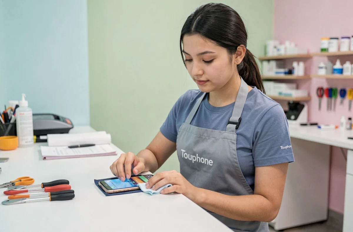 Technicienne de Touphone nettoyant l'écran d'un smartphone réparé dans sa boutique moderne