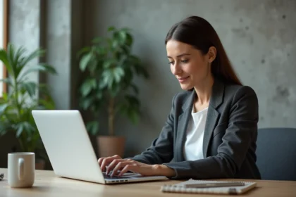 Professionnelle utilisant SwissTransfer pour envoyer des fichiers volumineux depuis son bureau moderne
