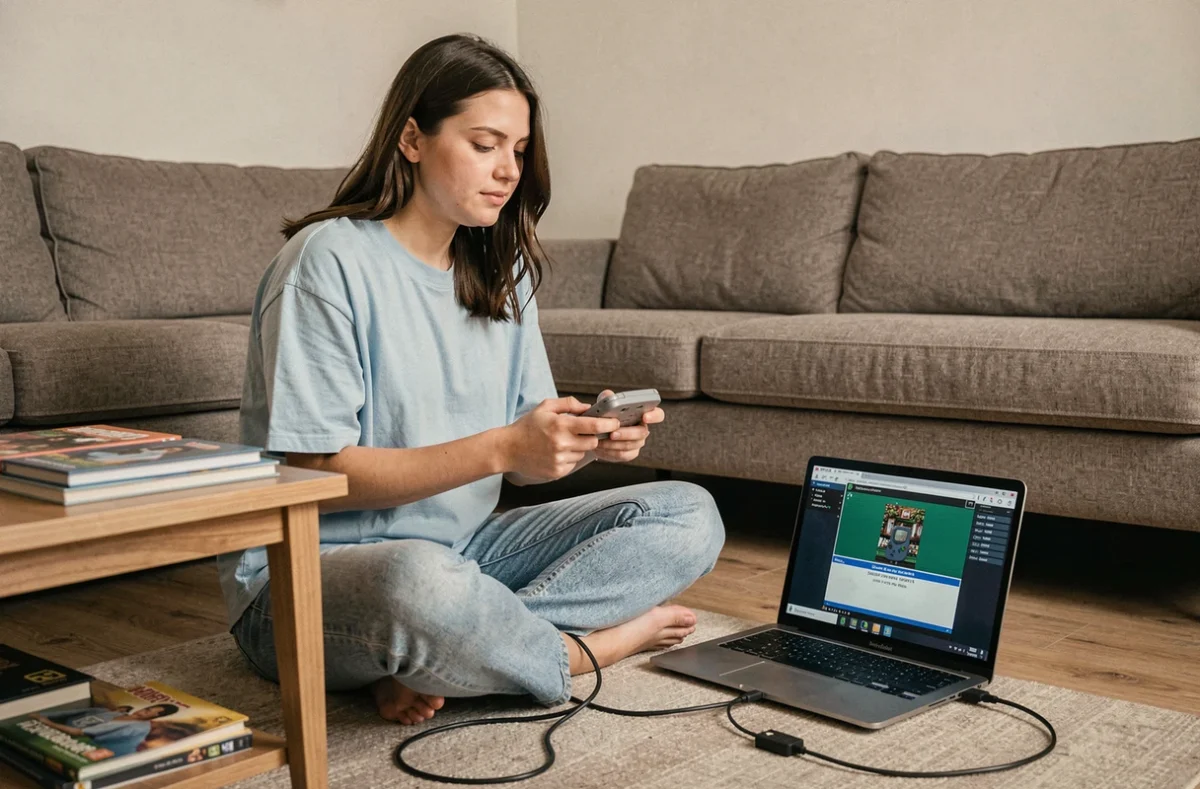 Jeune femme jouant sur une Game Boy Advance SP avec un laptop affichant un émulateur GBA pour transférer des sauvegardes Pokemon