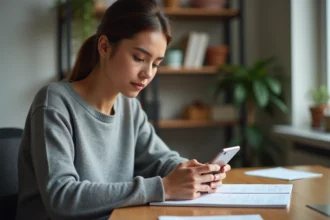 Femme tenant un smartphone Samsung et naviguant dans les paramètres pour trouver la corbeille et récupérer des fichiers supprimés