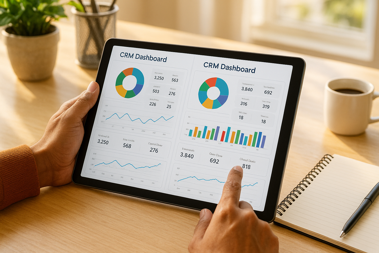 Mains manipulant une tablette avec tableaux CRM colorés