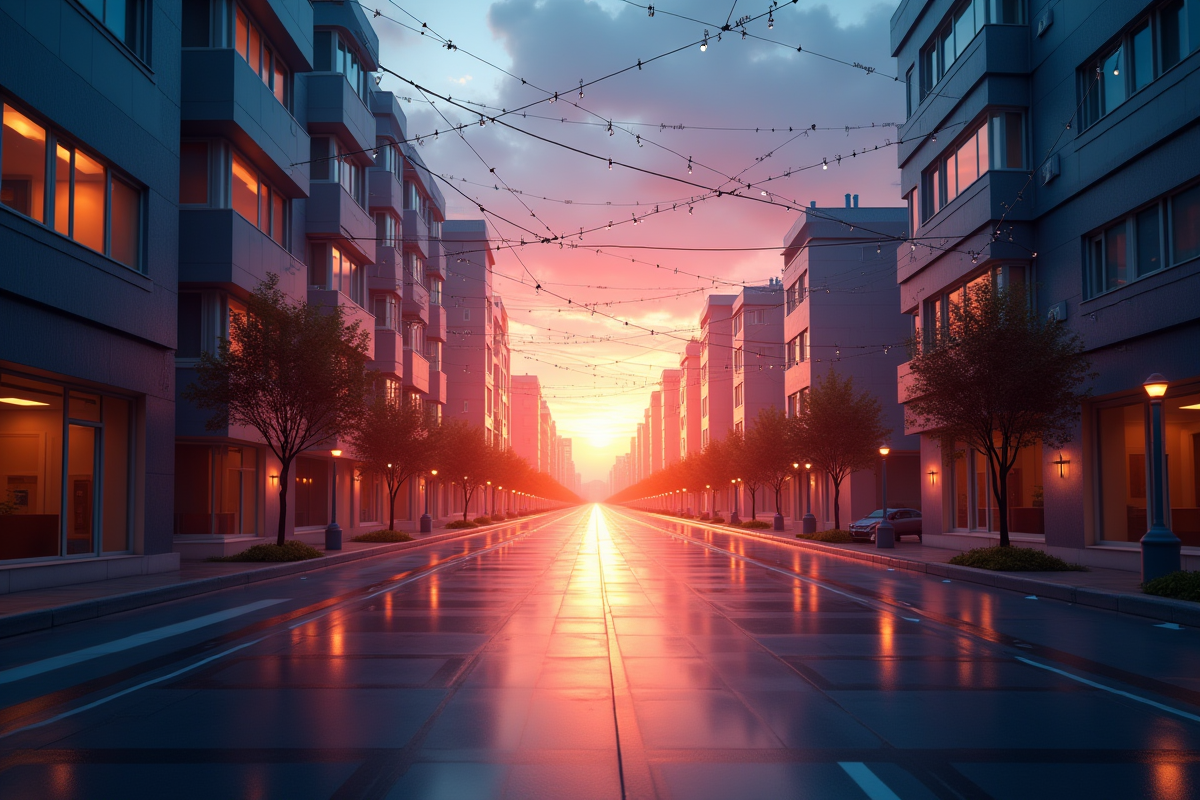 Rue urbaine au lever du soleil avec câbles et symboles internet