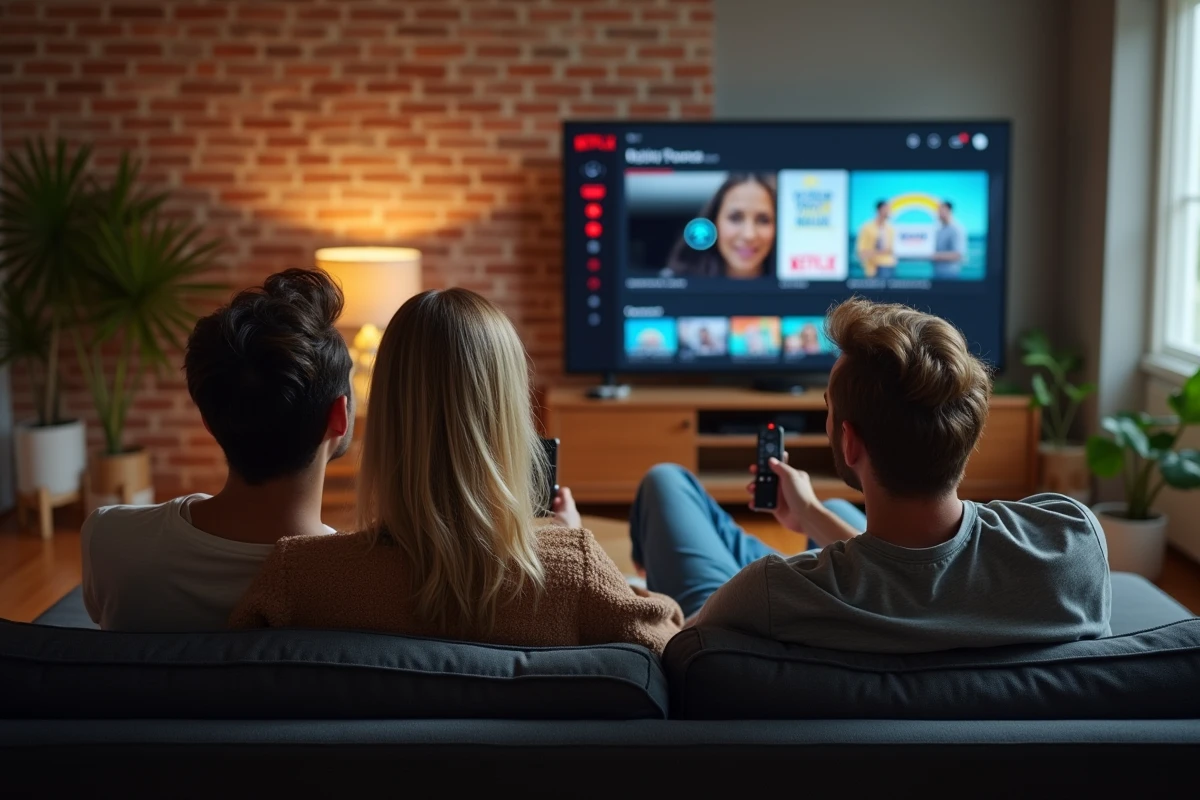 Couple regardant Netflix en streaming via Chromecast sur une grande télévision dans un salon cosy