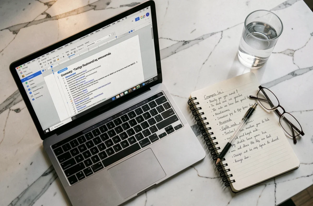 Vue aérienne d'un ordinateur portable affichant une table des matières Google Docs avec des notes manuscrites sur un bureau en marbre