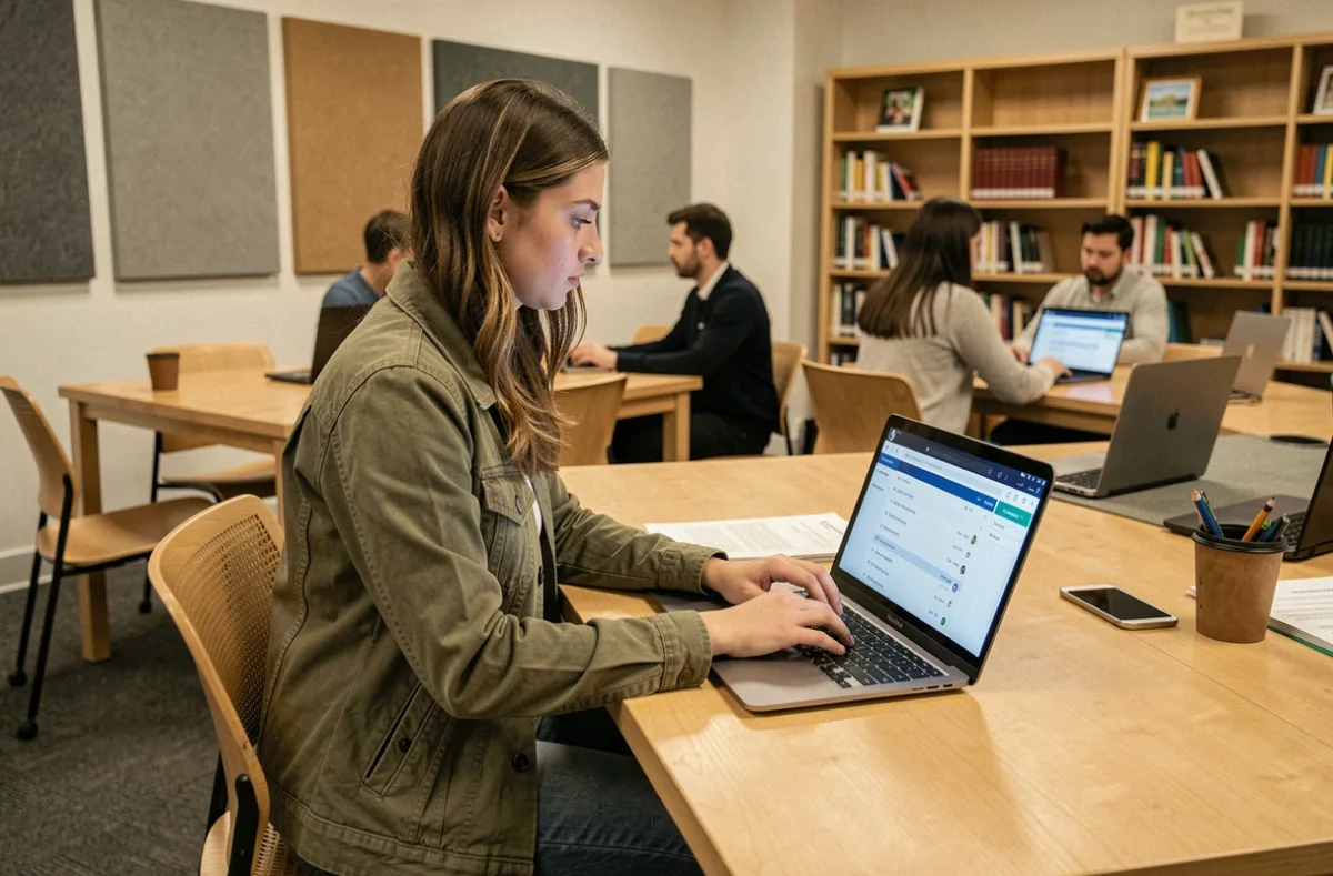 Jeune utilisatrice accédant au webmail 72 sur son ordinateur portable dans un espace de travail académique partagé