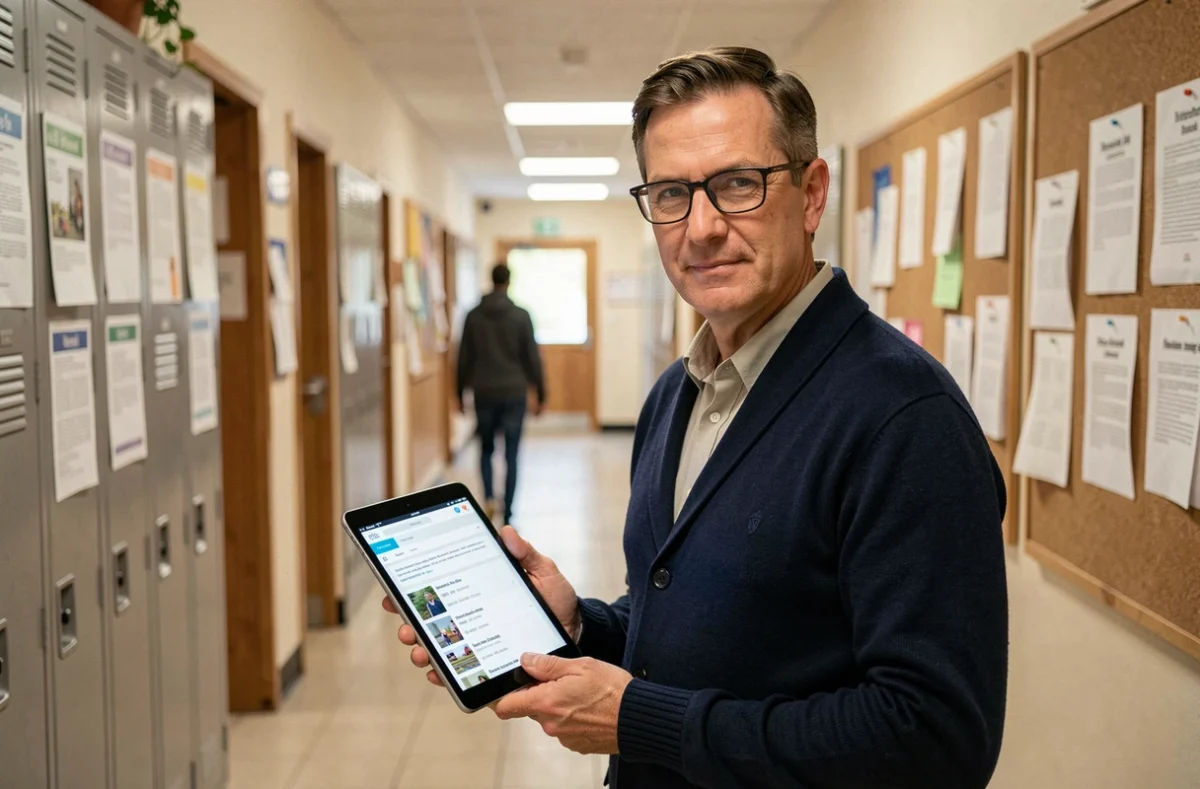 Professeur consultant le webmail académique sur une tablette dans un couloir de lycée français