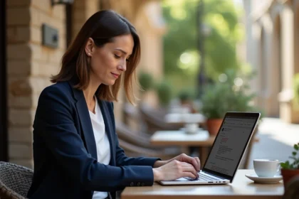 Femme professionnelle accédant à son webmail Ozone depuis un café à l'étranger sur son ordinateur portable