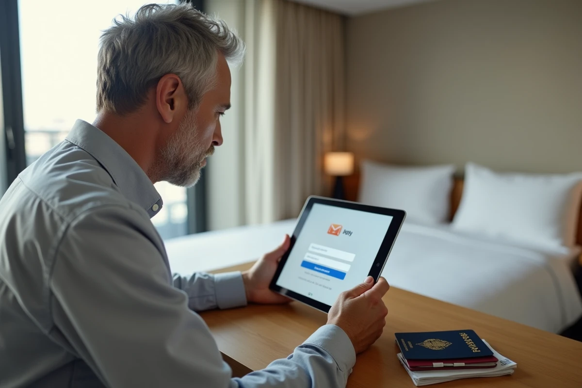 Homme consultant son compte webmail Ozone sur une tablette dans une chambre d'hôtel à l'étranger avec passeport sur le bureau