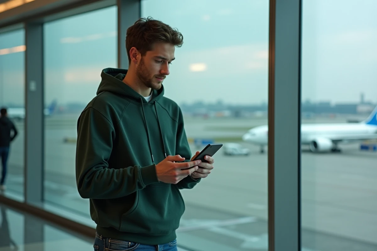 Jeune homme accédant à son webmail Ozone sur smartphone dans un aéroport international lors d'un voyage à l'étranger