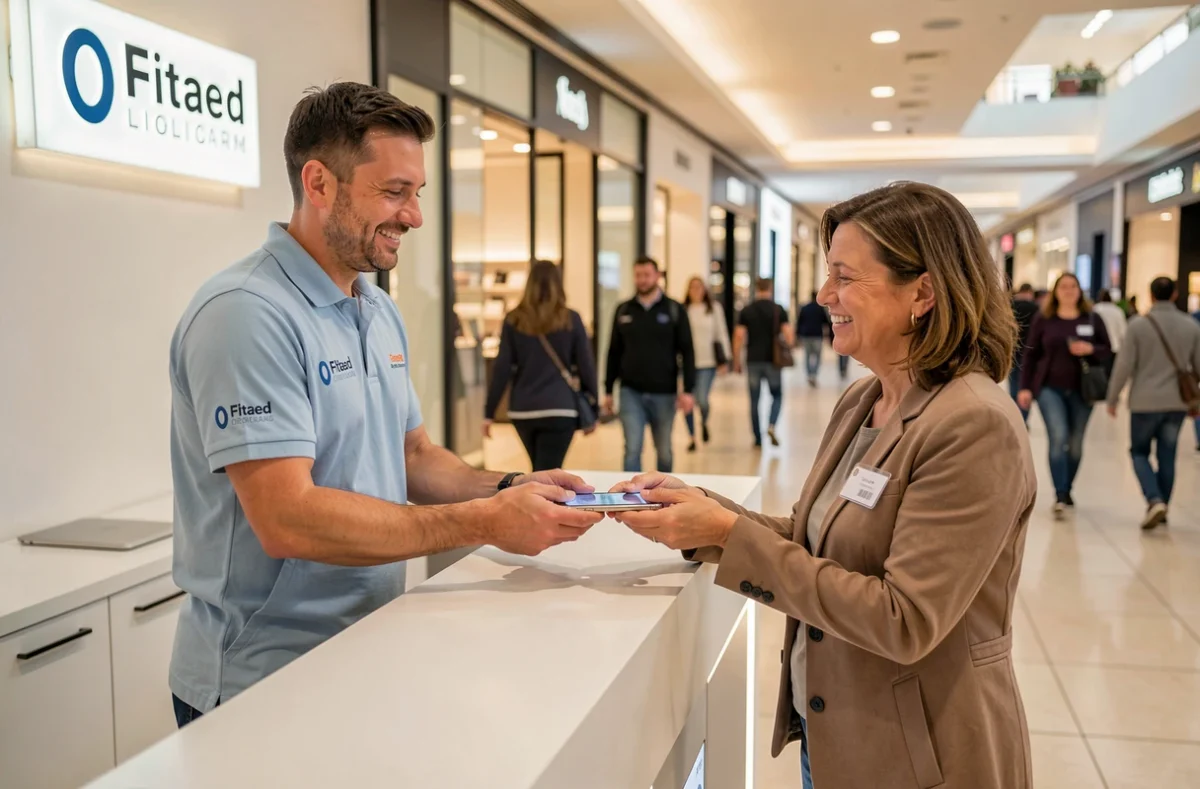 Technicien WeFix remettant un iPhone réparé en express à une cliente dans le kiosque du centre commercial Odysseum à Montpellier