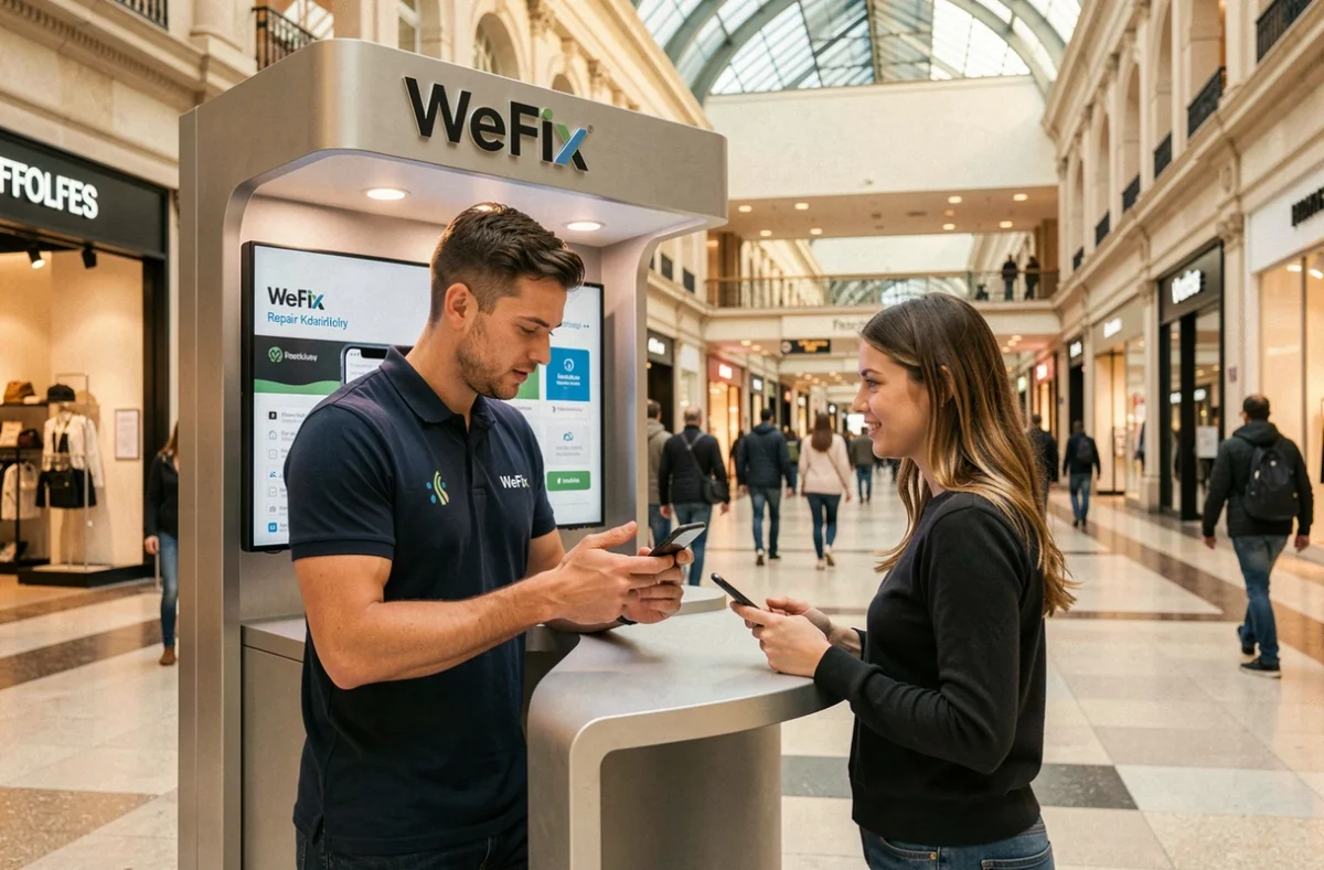 Kiosque WeFix au centre commercial Place des Halles avec un technicien conseillant une cliente