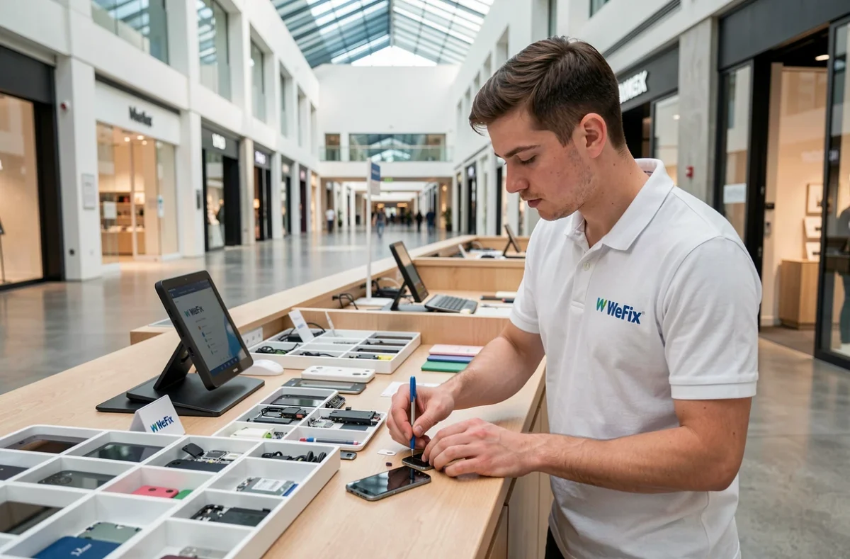 Technicien au kiosque WeFix du Polygone à Montpellier réparant un smartphone Android dans la galerie marchande