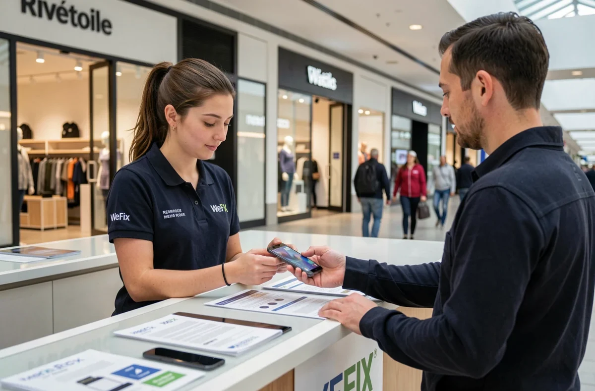 Comptoir WeFix au centre commercial Rivétoile avec une technicienne examinant un smartphone endommagé